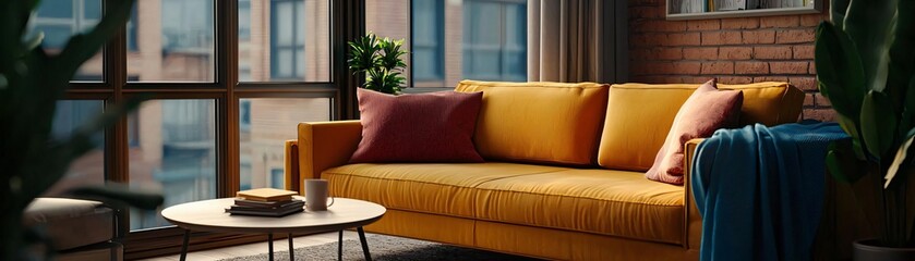 Bright interior featuring a cozy yellow sofa, stylish cushions, and a decorative table, perfect for modern living spaces.