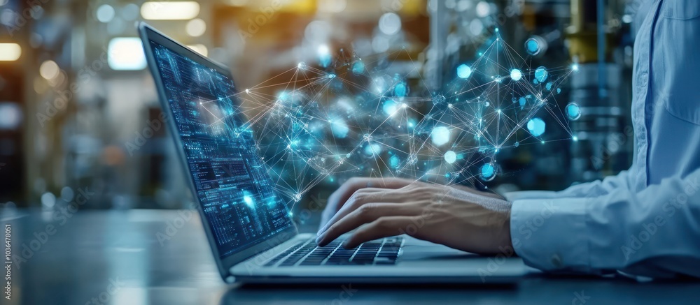 Poster Person working on a laptop with a glowing network of connections above it.