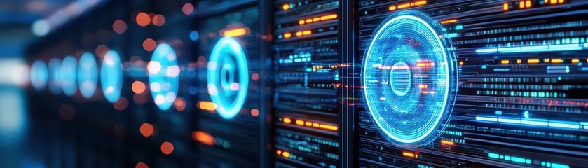 Obraz premium Futuristic server room, glowing holographic shields protecting data streams, dark neon blue hues, 3D render, lowangle shot, cyberpunk style