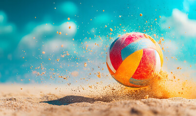 Obraz premium Dynamic Volleyball Action with Neon Lights and Abstract Geometric Patterns for Futuristic Sports Branding