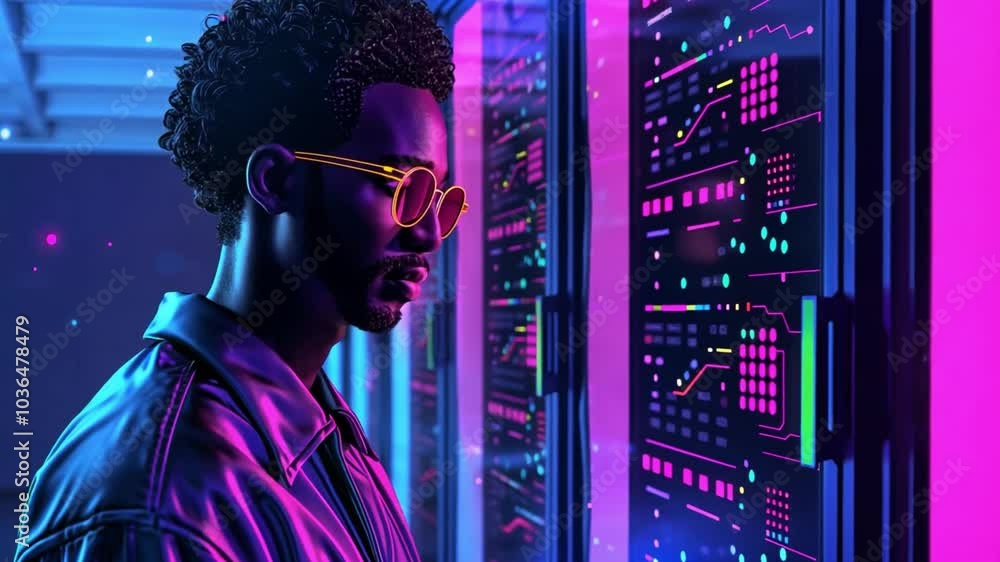 Poster a person wearing stylish sunglasses engages with interactive digital screens in a colorful server ro