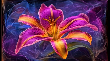 A single vibrant pink and yellow lily flower with spotted petals and yellow center, set against a background of swirling blue and purple smoke.