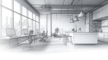 A modern office with line drawings.
