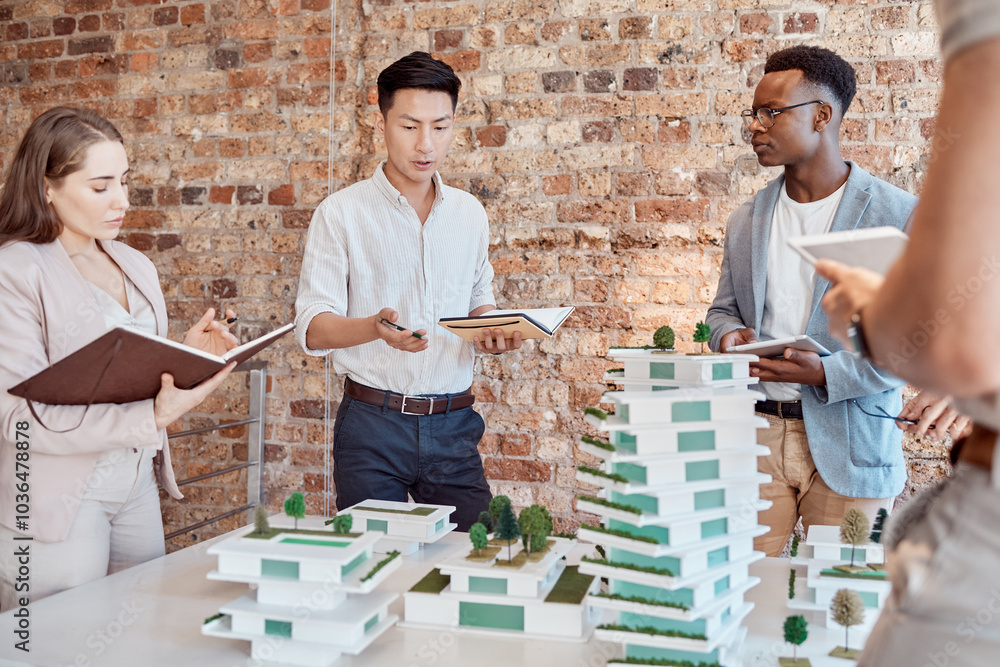 Aufkleber Man, architect and notebook with team, model and building with ideas, talk and group in office. Person, women and discussion for review, diversity or design for skyscraper with property development