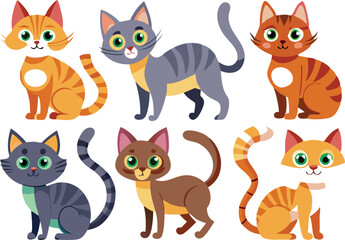 Fototapeta premium Six Adorable Cartoon Cats with Stripes and Tails
