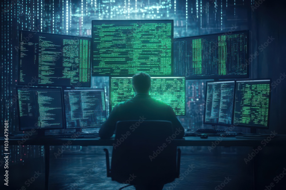 Poster Hacker in a dark room, multiple screens with encryption codes, green light illuminating the scene, low angle shot, photorealistic