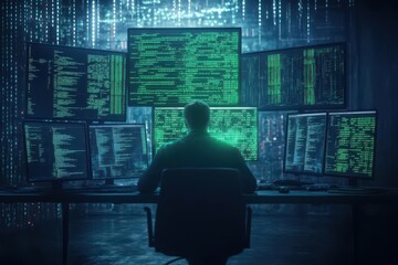 Fototapeta premium Hacker in a dark room, multiple screens with encryption codes, green light illuminating the scene, low angle shot, photorealistic