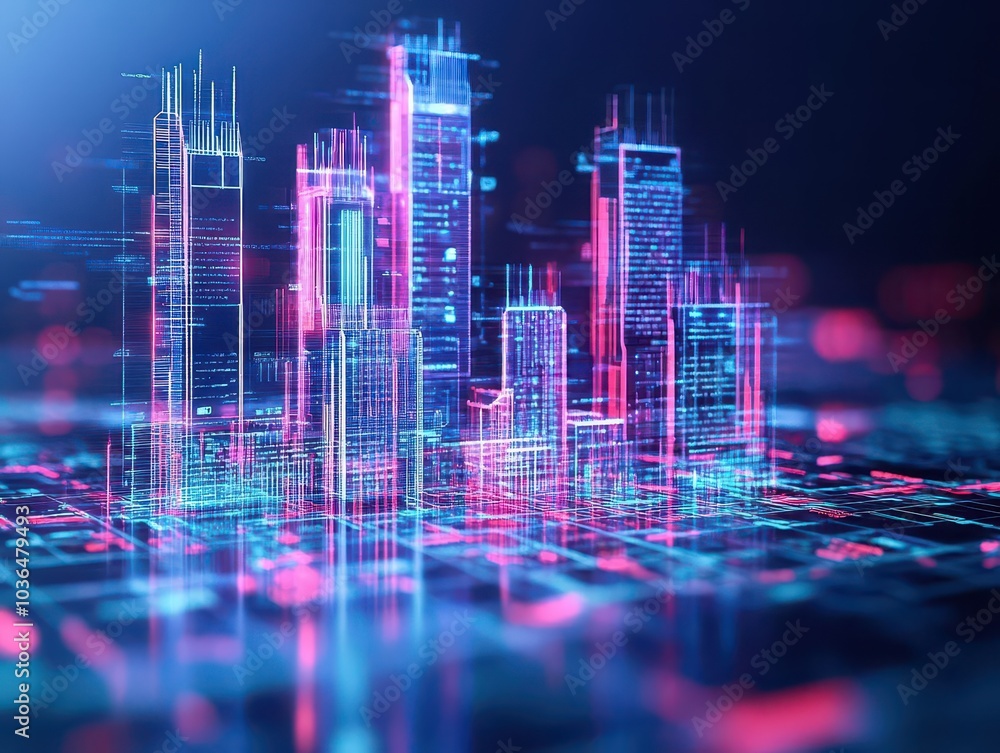 Poster high tech futuristic city with holographic building designs close up, focus on, copy space neon effe
