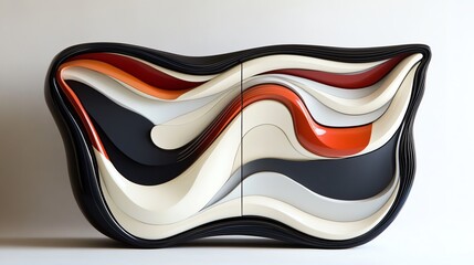A sculptural cabinet with flowing lines and bold color accents on a soft light gray background