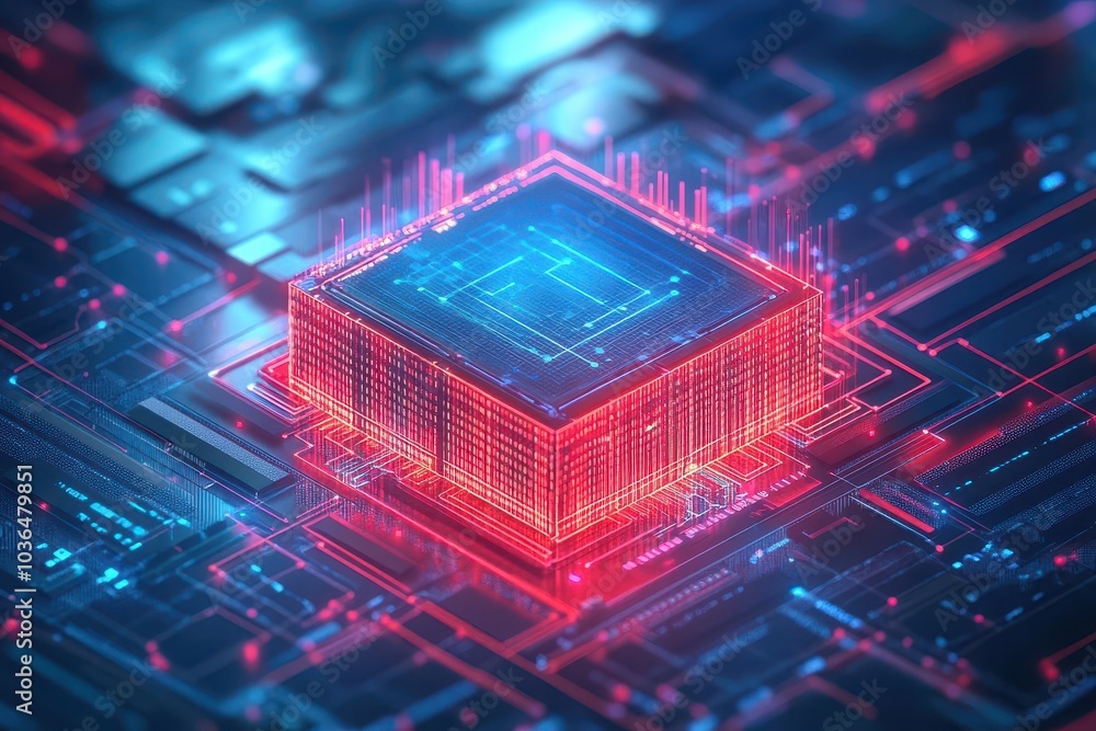 Poster holographic data fortress surrounded by firewalls and encrypted walls, glowing red and blue layers, 