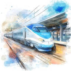 Fototapeta premium Watercolor Illustration of a High-Speed Train Arriving at the Station.