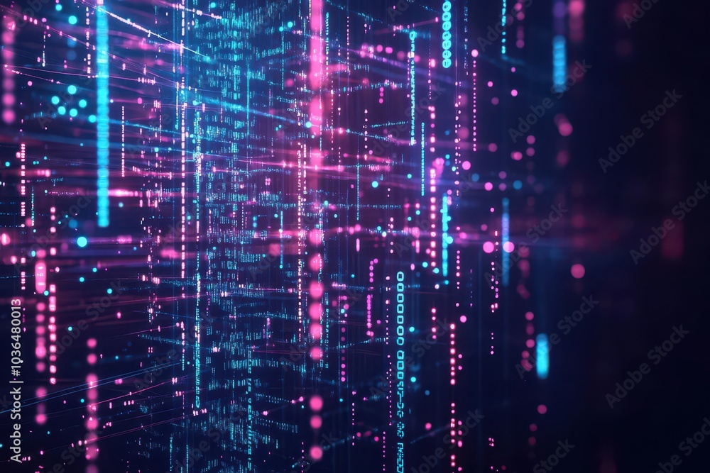 Poster holographic data web, neon light streams, glowing digital nodes, futuristic tech backdrop, dark them
