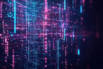 Obraz premium Holographic data web, neon light streams, glowing digital nodes, futuristic tech backdrop, dark theme