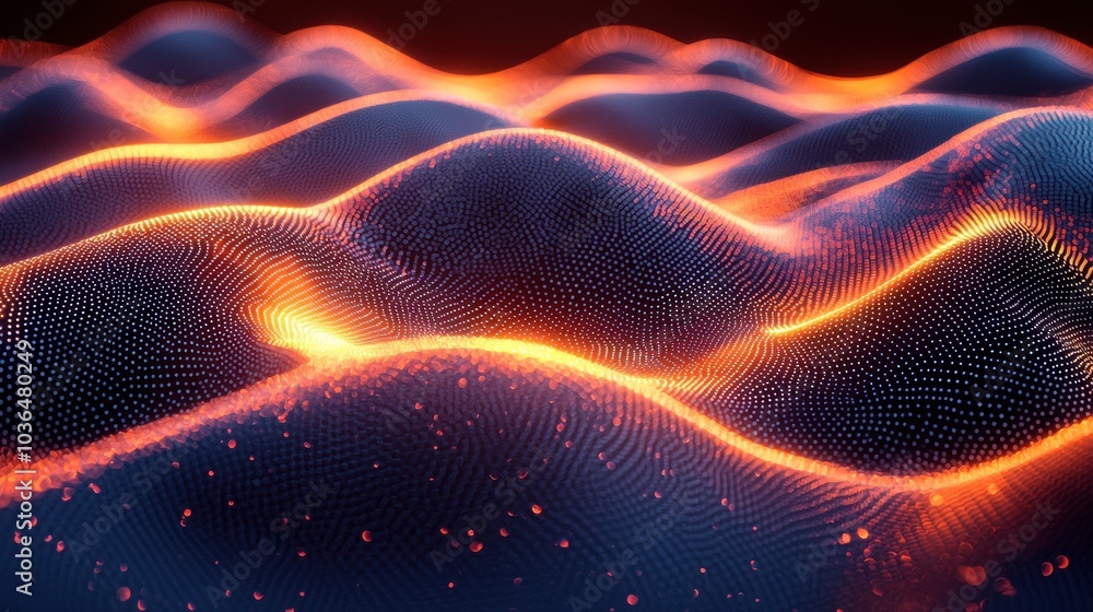 Poster abstract visualization of flowing waves with glowing edges in a dark background, showcasing intricat