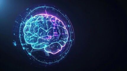 Obraz premium Holographic security shields surrounding a digital brain, glowing with neon blue and violet light, detailed futuristic 3D model