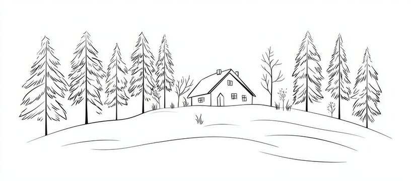 black and white cabin in winter landscape