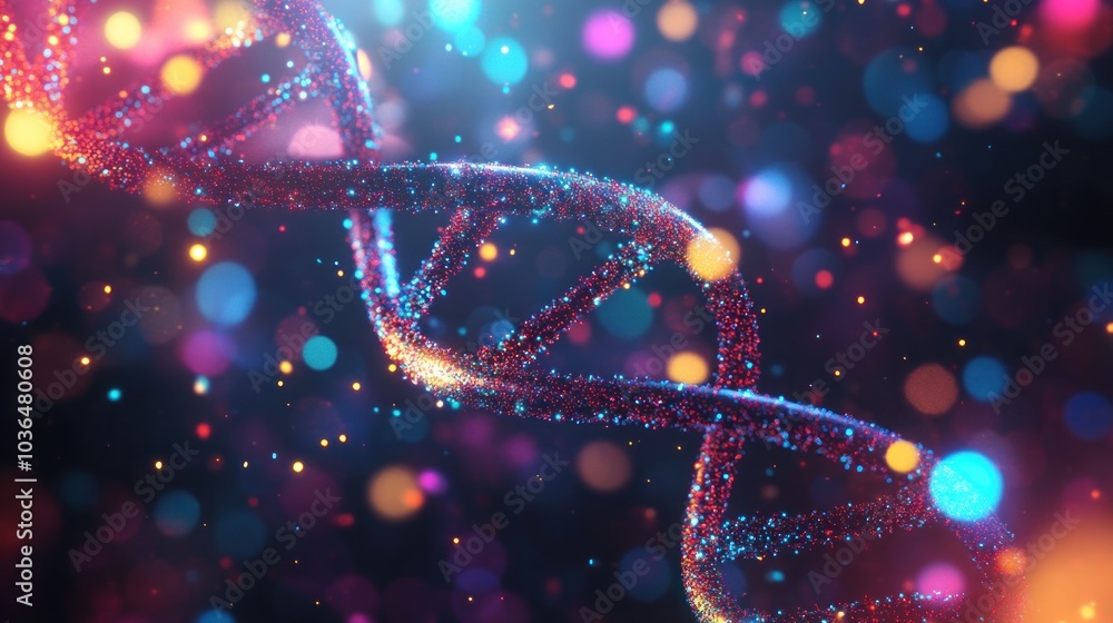 Aufkleber a 3d rendering of a dna double helix, made up of glowing particles, set against a bokeh background.