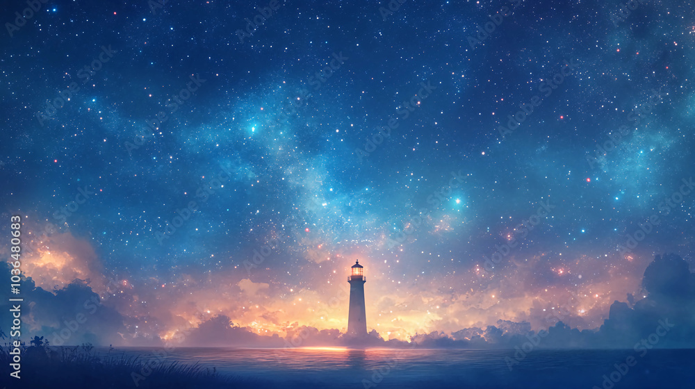 Wall mural lighthouse illuminated at night under a starry sky with nebula clouds. dreamlike seascape scene with