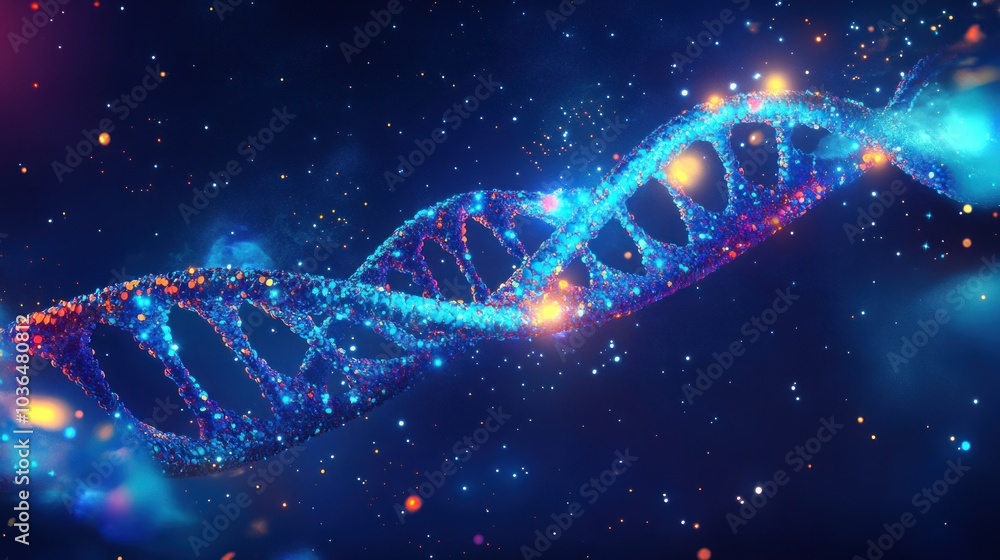 Poster a 3d rendering of a glowing dna double helix, a symbol of life and genetic code.