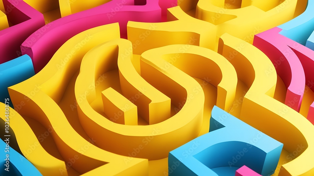 Poster abstract folded paper effect. bright colorful yellow background. maze made of paper. 3d rendering.