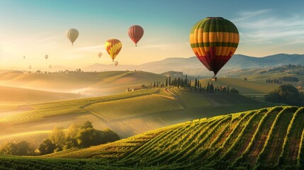 Obraz premium A group of hot air balloons floating over a patchwork of vineyards during sunrise, scenic setting with rolling hills and morning mist, Serene style