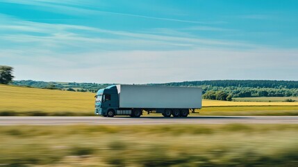 arge American-style semi-truck drives down a busy freeway under a clear blue sky