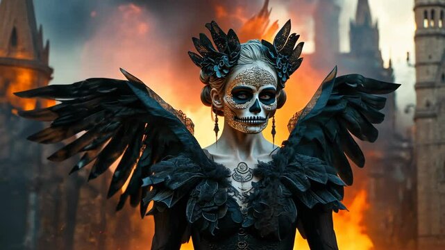 angel of the death wearing black gown with black wings fire flame burning through the ancient city