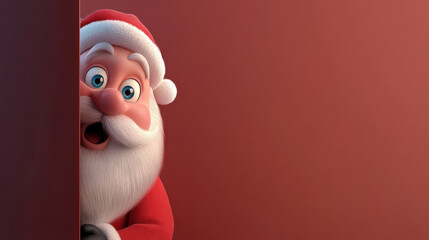 Santa Claus peeking around corner with surprised expression