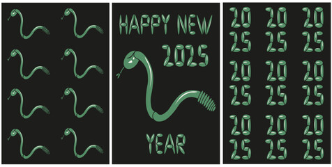 Trendy Balloon style 2025 New Year greeting posters set.  Collection 2025 Chinese New Year greeting card with Balloon font and snake. Vector illustration for social media web festive post. EPS 10