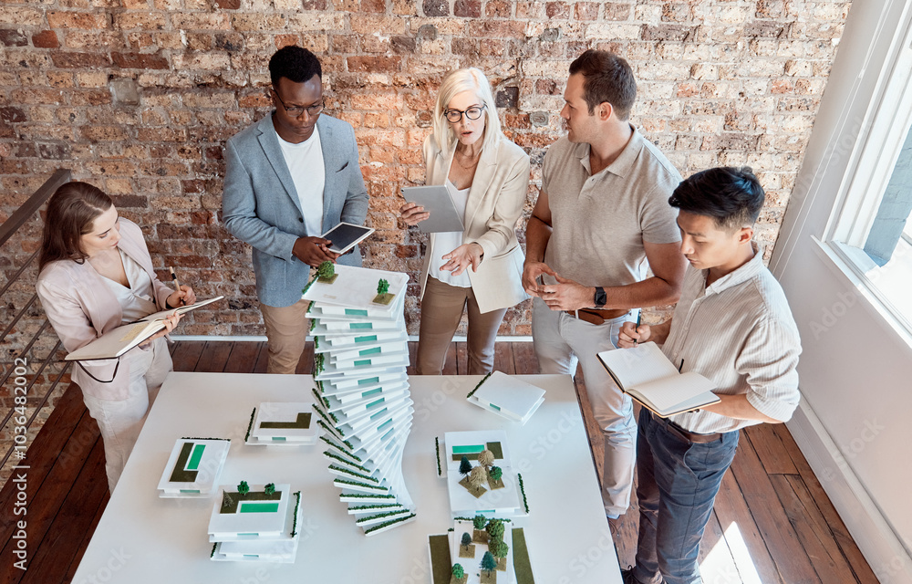 Poster people, building model and architecture planning in office for innovation, urban development and env
