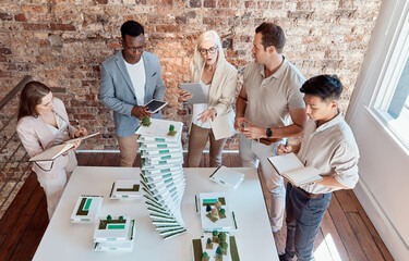 People, building model and architecture planning in office for innovation, urban development and...