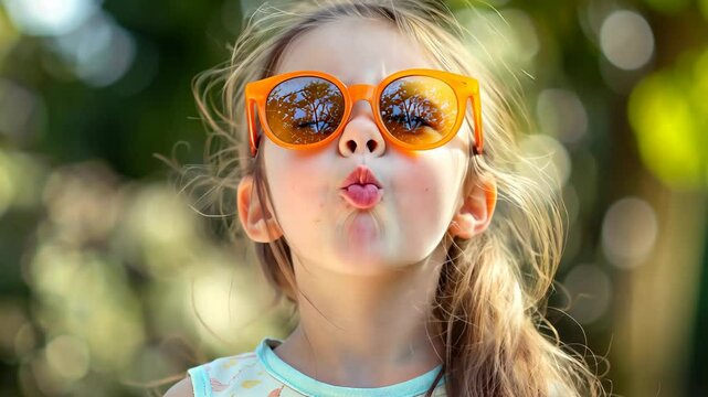 playful cheerful young girl wearing sunglasses, make funny face pucker up at outdoor garden 