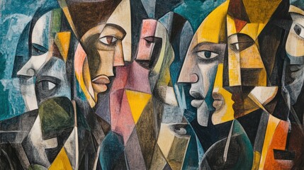 Abstract cubist portrait with overlapping faces and geometric shapes. Multicolor illustration in cubism style. Art concept for design and print.