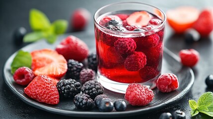 Berries and fruits are cut into pieces on plates. A glass of fresh fruit juice 