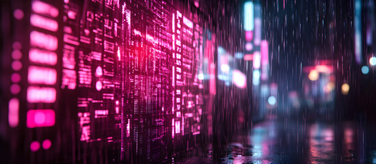Naklejka premium A neon cityscape with a rainstorm in the background