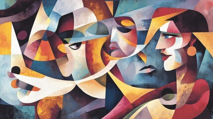 Cubist portrait with abstract faces and geometric forms. Multicolor artwork in cubism style. Art concept for design and print.