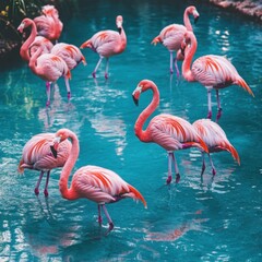 A group of pink flamingos wading in a clear blue lagoon.