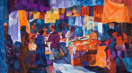 Fauvist market scene with expressive colors and dynamic composition. Bold blues, purples, and oranges depict energy and movement. Art concept for design and print.