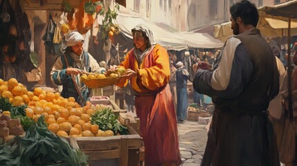Ancient market scene illustrating the barter system with two traders exchanging goods. Lively medieval marketplace with vegetables and handmade tools. Historical trade concept for design and print.