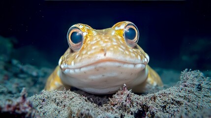 A close-up of a brown and yellow fish with large eyes looking directly at the camera.