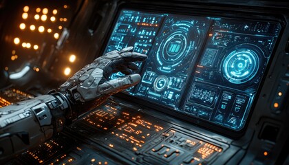 Fototapeta premium Robotic hand interacts with futuristic screen. The photo showcases a futuristic technology interface, perfect for sci-fi, tech, or gaming themes.