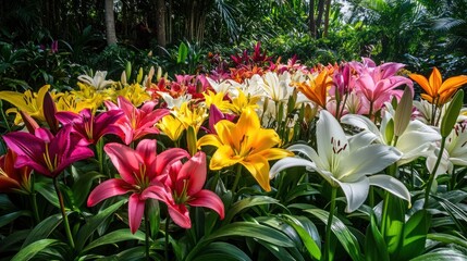 A vibrant field of lilies in various colors, including white, yellow, pink, and red, blooming in a lush green garden.