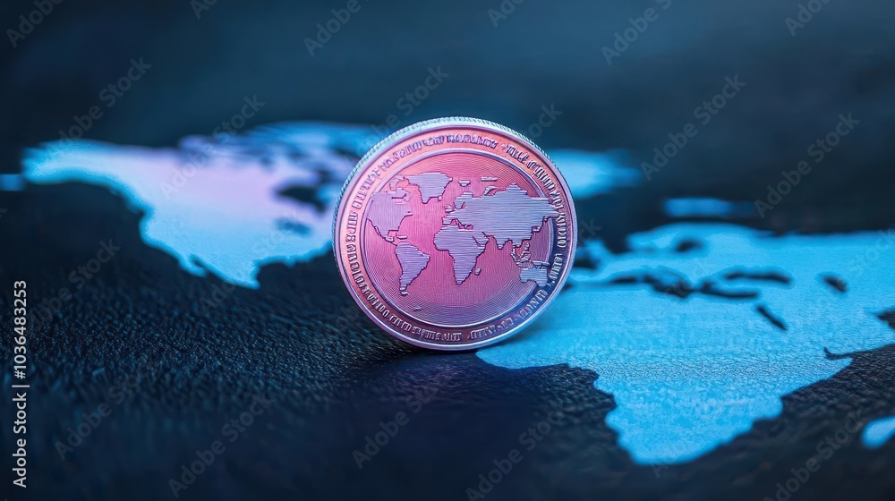 Aufkleber Silver coin with world map flat design side view global finance theme water color Splitcomplementary color scheme