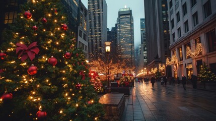 Cityscape with holiday lights on skyscrapers, streets filled with shoppers, people celebrating...