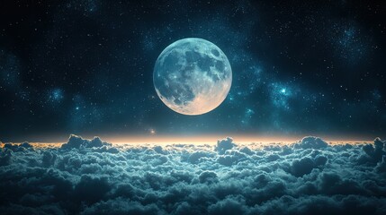 A bright full moon illuminates a serene cloudscape under a starry night sky, showcasing the beauty of the cosmos