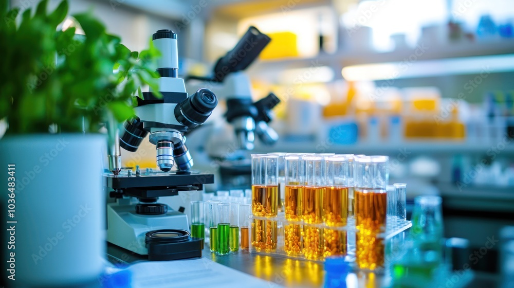 Poster a laboratory setting with a microscope and test tubes filled with colorful liquids.