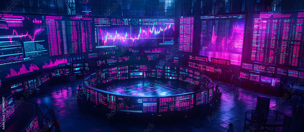 Aufkleber a room with many computer monitors and a large screen with a purple background