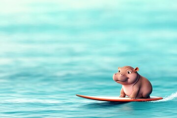 Snarky baby hippo riding a surfboard, 3D cartoon style, vibrant ocean waves backdrop, cheeky expression