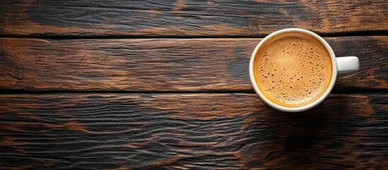 Top view of a cup of coffee on a wooden table.