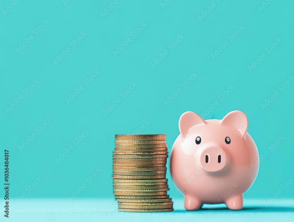 Aufkleber Stack of coins next to a piggy bank flat design top view savings theme cartoon drawing Splitcomplementary color scheme